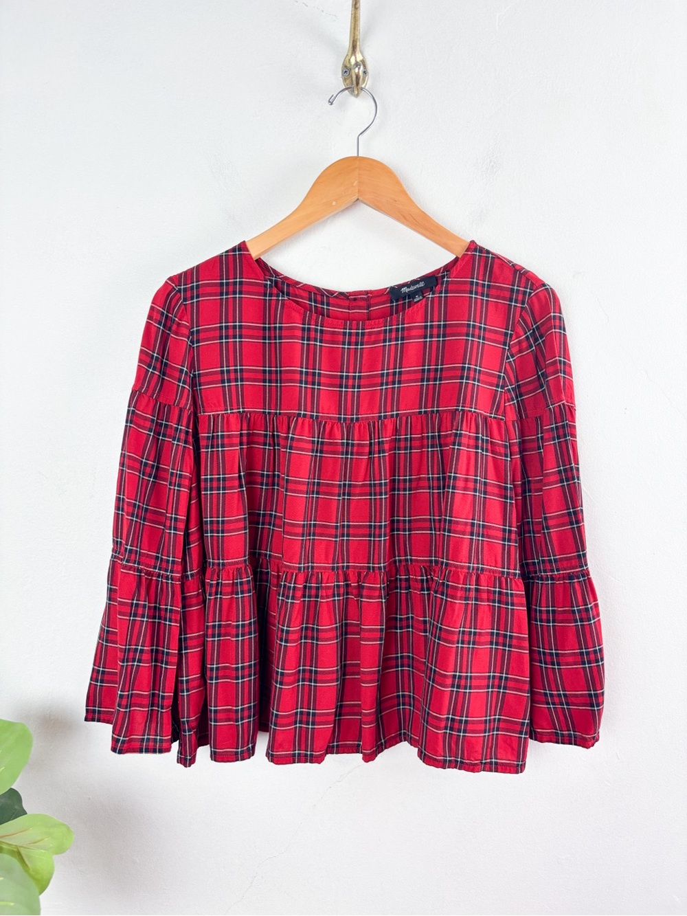 Madewell Red Plaid Tiered Long Sleeve Blouse Sz M